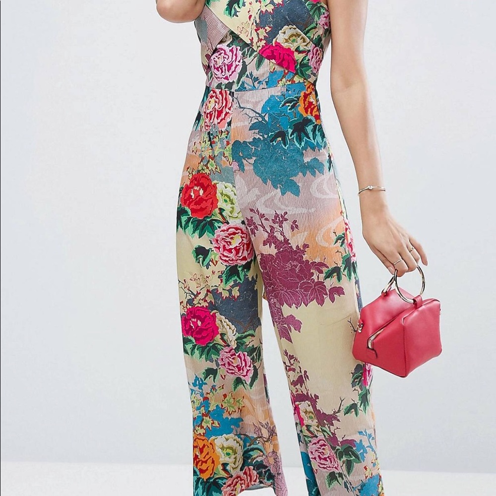 Multi color Jumpsuit with wrap front and tie back